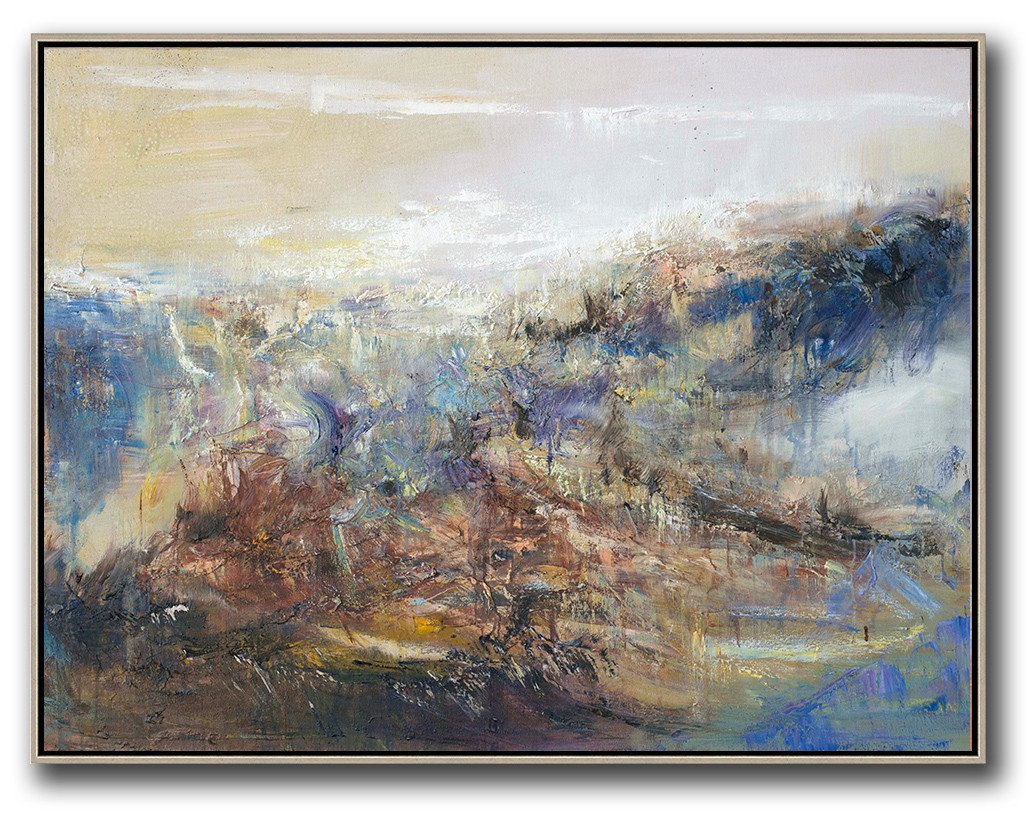 Extra Large 72" Acrylic Painting,Abstract Landscape Oil Painting,Abstract Art Decor Large Canvas Painting,Light Yellow,Brown,Blue,White.etc